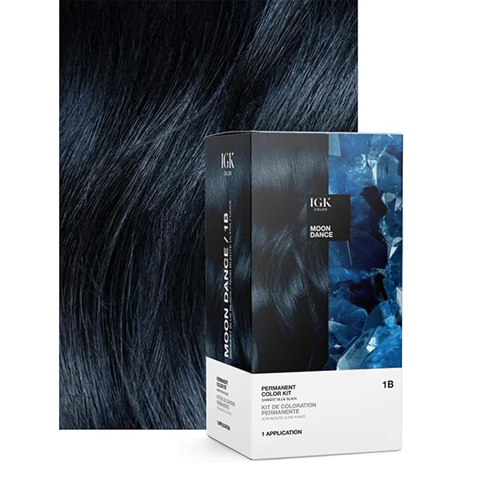IGK Permanent Hair Dye Color Kit Set of Two | 1B Moon Dance - Darkest Blue Black | 100% Gray Color Coverage + Strengthen + Shine | Ammonia Free