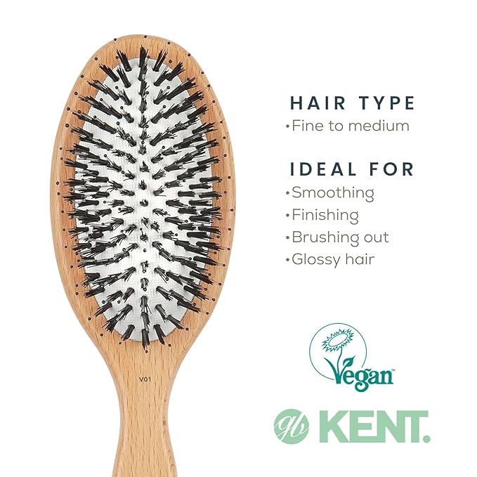 Kent V01 Vegan Boar Bristle Hair Brush with Nylon Pins, Organic Hair Brush for Styling and Detangling, Paddle Brush Ideal for All Hair Types (Large)