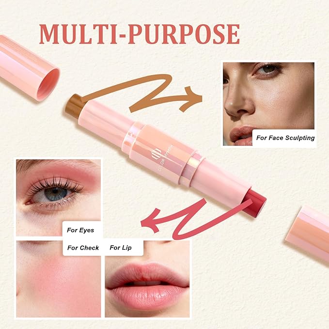 Color Nymph Cream Blush Contour Stick, Double-end Makeup Stick Multiuse Blush Butter Bronzer For Cheeks Eyes Lip Matte Finish Vegan & Cruelty-Free - 02# Brandy Peach