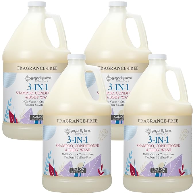Ginger Lily Farms Botanicals 3-in-1 Shampoo, Conditioner & Body Wash, 100% Vegan & Cruelty-Free, Fragrance Free, 1 Gallon (Pack of 4)