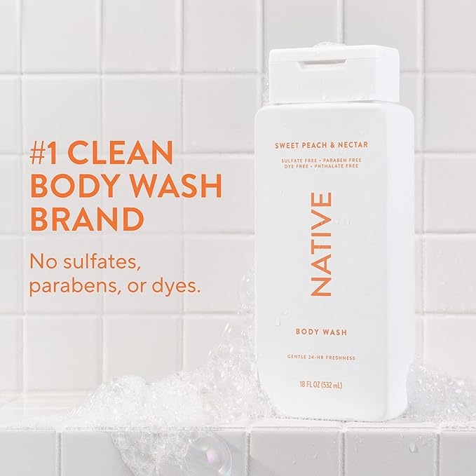 Native Body Wash Contains Naturally Derived Ingredients | For Women & Men, Sulfate, Paraben, & Dye Free Leaving Skin Soft and Hydrating | Sweet Peach & Nectar 18 oz
