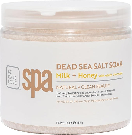 BCL SPA Dead Sea Salt Soak - Bath Salt with Organic Milk + Honey, White Chocolate, Shae Butter, Arnica, Aloe Vera Juice, Chamomile, Argan & Jojoba Oil Skin Exfoliator - Home/Professional Use 16 fl oz
