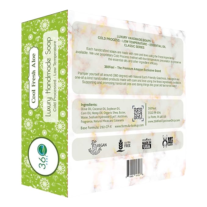 360Feel Cool Fresh Aloe Soap - Made in The USA - Castile Handmade, All-Natural Cold-Processed - Infused with Aloe Vera for Refreshing Cleanse and Creamy Rich Lather (5 oz)
