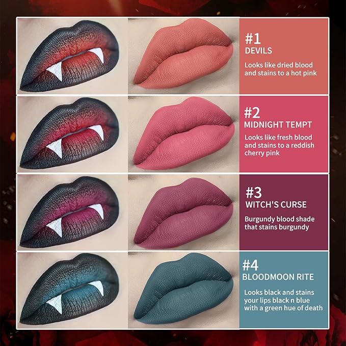 AKARY Matte Liquid Halloween Lipstick for Women, 4-Colors Bloody Liquid Lipstick, Long Lasting Waterproof Lightweight Comfortable Non-Drying Bold Dark Lip Gloss for Gothic Stage Parties Makeup, Vegan