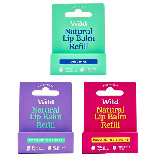 Wild Refillable Lip Balm - 3 Pack of Lip Balm Refills in a Variety of Scents - Includes Passionfruit Swirl, Original and Coconut & Vanilla Scents - Beeswax Free