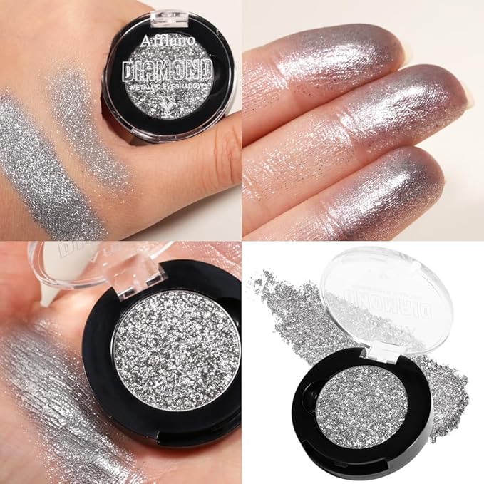 Silver Glitter Eyeshadow Single, High Impact Gray Silver Sparkle Eyeshadow for Smokey Eyes, Blendable Pigmented Long Lasting Metallic Eye Shadow, Shiny Minerals Pressed Powder Eye Glitter, Vegan #11H