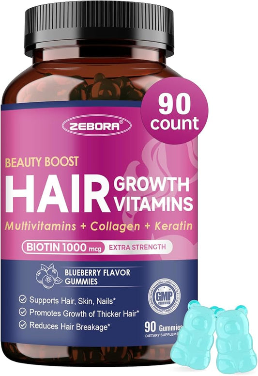 ZEBORA Hair Growth Vitamins with Biotin, Keratin & Collagen - Biotin Gummies with Beauty Support Blend for Hair, Skin & Nails - Vegan Hair Vitamins for Women & Men - 90 Blueberry Gummies, Non-GMO