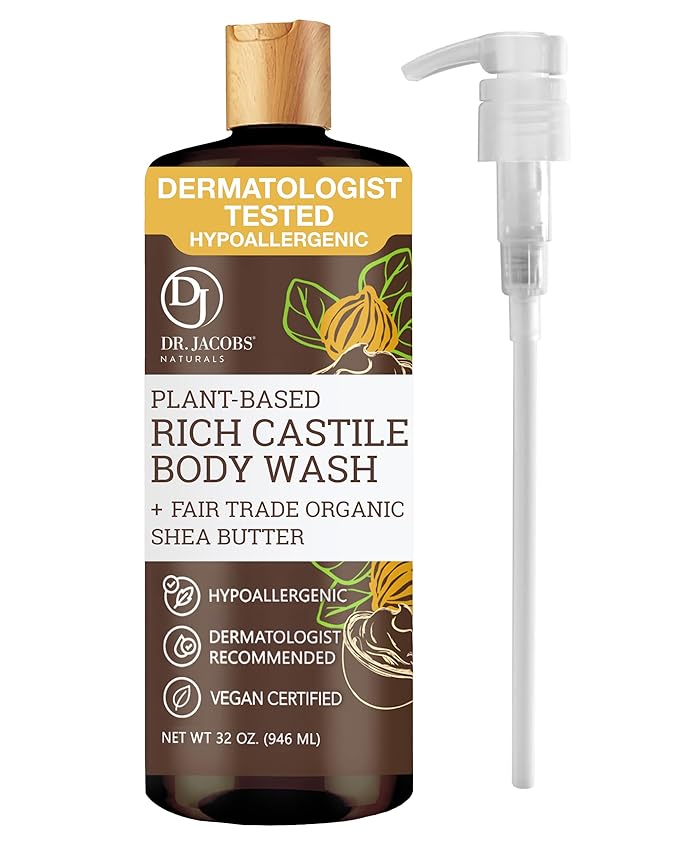 Dr. Jacobs Naturals Castile Shea Butter All-Natural Body Wash for Moisturizing Dry and Sensitive Skin with Plant-Based Ingredients with Pump - 32 Ounce