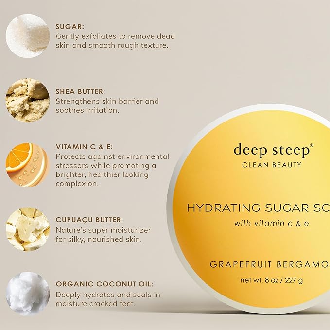 Deep Steep Sugar Scrub, Vanilla Coconut, 8 oz – Exfoliating Body Scrub with Organic Coconut Oil, Shea Butter & Argan Oil – Vegan, Clean Beauty, Smooth, Soft & Nourished Skin