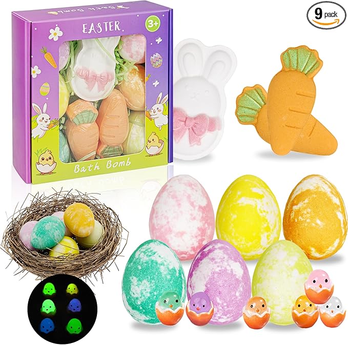 Easter Bath Bombs with Surprise Inside: 9 Pcs Natural Organic Egg Bunny Shaped Basket Stuffers for Kids Girls Boys Bubble Bathbombs Fruit Scented Spa Birthday Gift Set Party Favors Children Prize