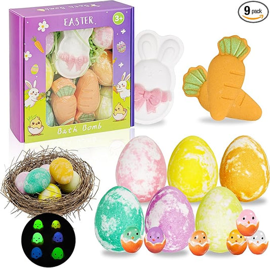 Easter Bath Bombs with Surprise Inside: 9 Pcs Natural Organic Egg Bunny Shaped Basket Stuffers for Kids Girls Boys Bubble Bathbombs Fruit Scented Spa Birthday Gift Set Party Favors Children Prize