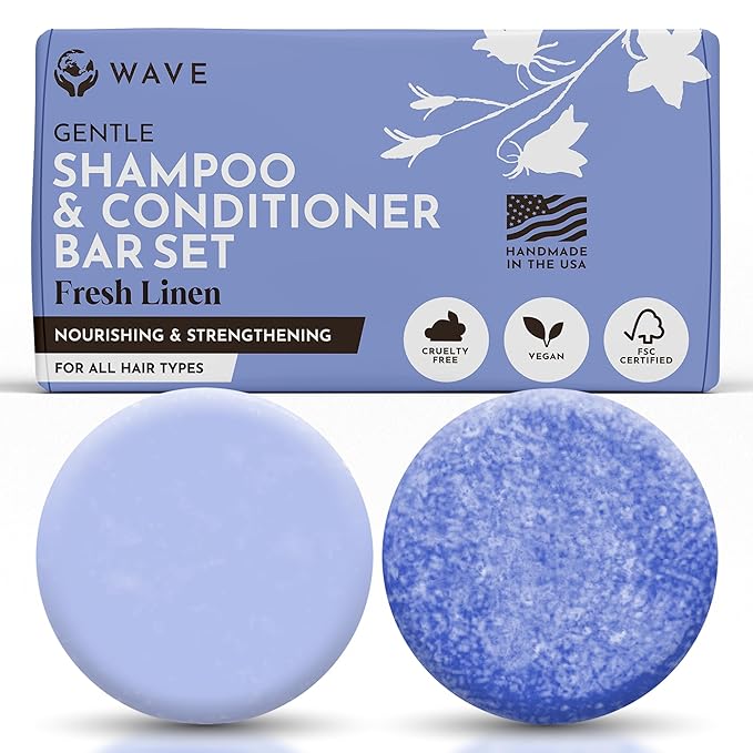 Wave Fresh Linen Shampoo & Conditioner Bar Set - Natural & Organic Moisturizing Vegan Shampoo and Conditioner Bars for Women & Men - Long-Lasting (80-120 Uses)