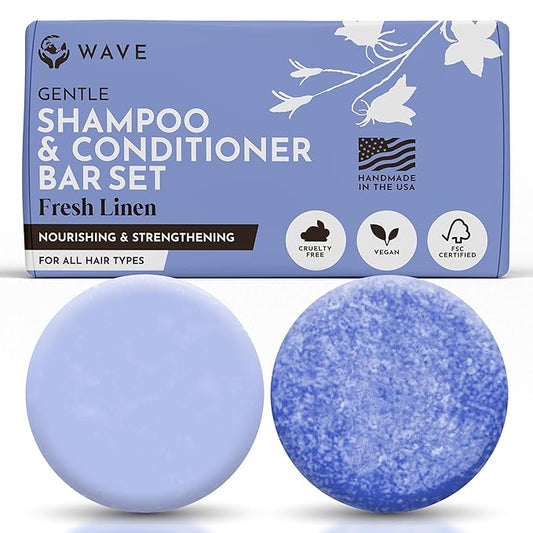 Wave Fresh Linen Shampoo & Conditioner Bar Set - Natural & Organic Moisturizing Vegan Shampoo and Conditioner Bars for Women & Men - Long-Lasting (80-120 Uses)