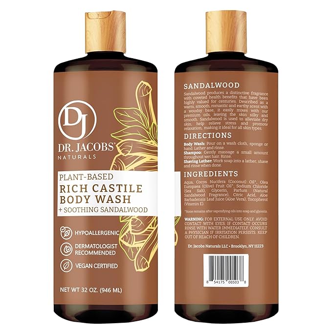 Dr. Jacobs Naturals Pure Castile Soap Liquid Body Wash, Sandalwood - Plant Based Soap Infused with Vitamin E and Aloe Vera to Moisturize Dry and Sensitive Skin - Made in The USA - 32 oz, Pack of 3