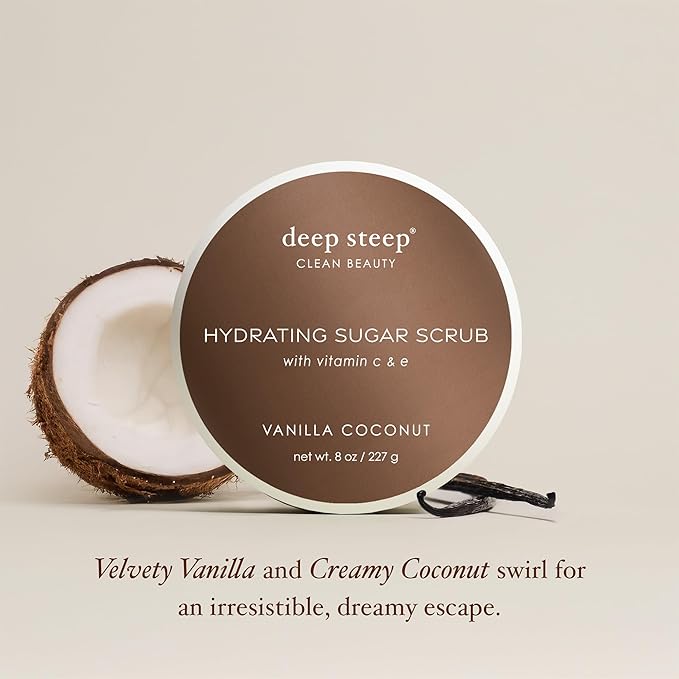 Deep Steep Sugar Scrub, Vanilla Coconut, 8 oz – Exfoliating Body Scrub with Organic Coconut Oil, Shea Butter & Argan Oil – Vegan, Clean Beauty, Smooth, Soft & Nourished Skin