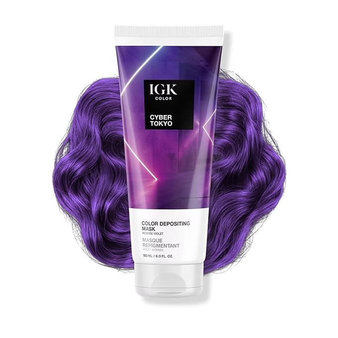 IGK Cyber Tokyo Color Depositing + Conditioning Hair Mask | Intense Violet - Purple Tones | Hydrating Semi-Permanent Gloss Toner Treatment