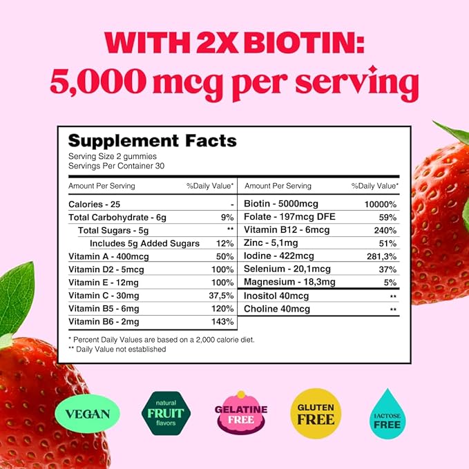 60 Hair Gummies for Faster Hair Growth Vitamins for Women & 5000 MCG Non-GMO Vegan Biotin Hair Skin and Nails Gummies - Hair Growth & Hair Skin and Nails Vitamins