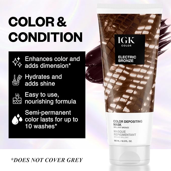IGK Electric Bronze Color Depositing + Conditioning Hair Mask | Brilliant Bronze - Caramel Mocha Tones | Hydrating Semi-Permanent Gloss Toner Treatment