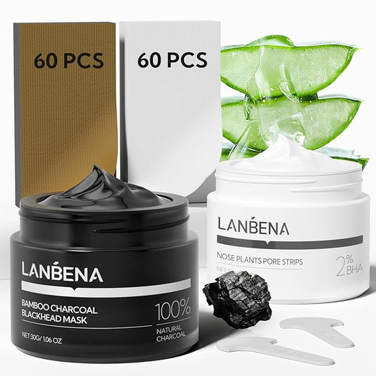 LANBENA 2-Pack Pore Strips: 2% Salicylic Acid BHA Nose Strips + Bamboo Charcoal Blackhead Peel-Off Mask | Deep Cleansing, Purifying Pore Treatment for Blackhead & Oil Removal