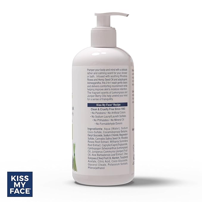 Kiss My Face De-Stress 2-in-1 Body Wash & Bath Soak - Lemongrass + Juniper Berry - Botanical Blend - Vegan and Cruelty Free - With added Rhodiola Rosea, Hemp Seed Oil and Ashwagandha - 16 fl oz Bottle