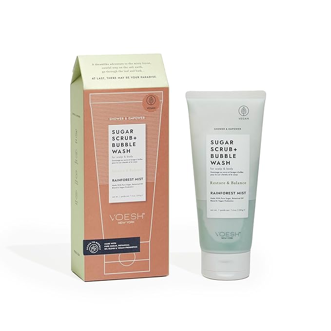 VOESH Sugar Scrub + Bubble Wash, Exfoliating Body Wash, Rainforest Mist, Scalp Exfoliator, Scalp Care, Vegan Skin Care