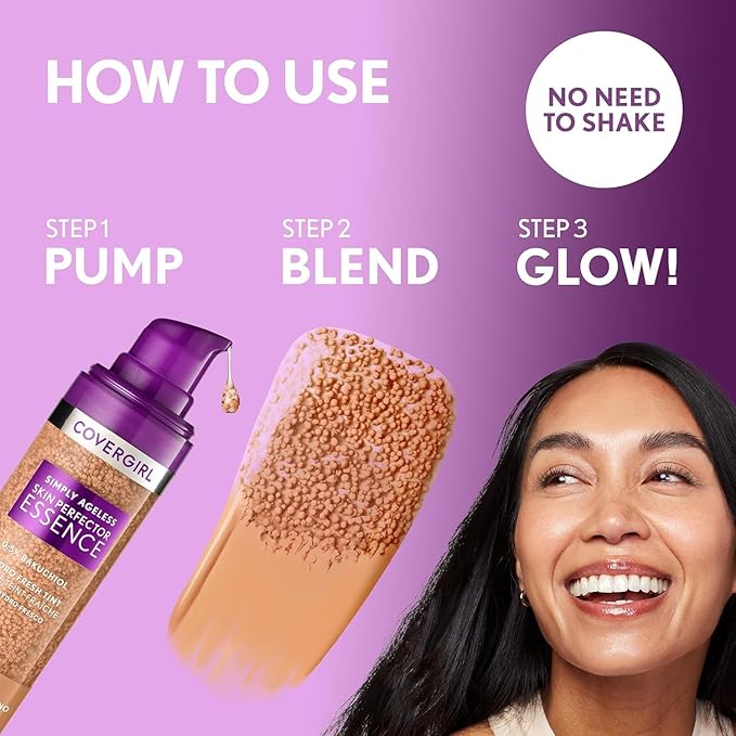 Covergirl Simply Ageless Skin Perfector Essence Foundation, 20 Light, Tinted Skincare Makeup Hybrid, Sheer Tint, Radiant Finish, Glowy Finish, Vegan Formula, 1.0oz