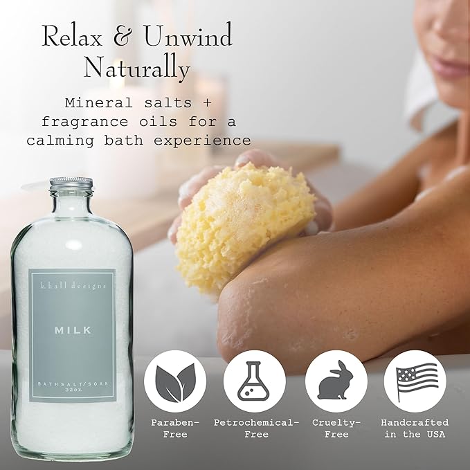 K. Hall Designs Milk Bath Salt Soak with Vitamin E, Creamy-Sweet Scent with Coconut & Vanilla, Relaxing Bath Products for Women & Men, 32 oz