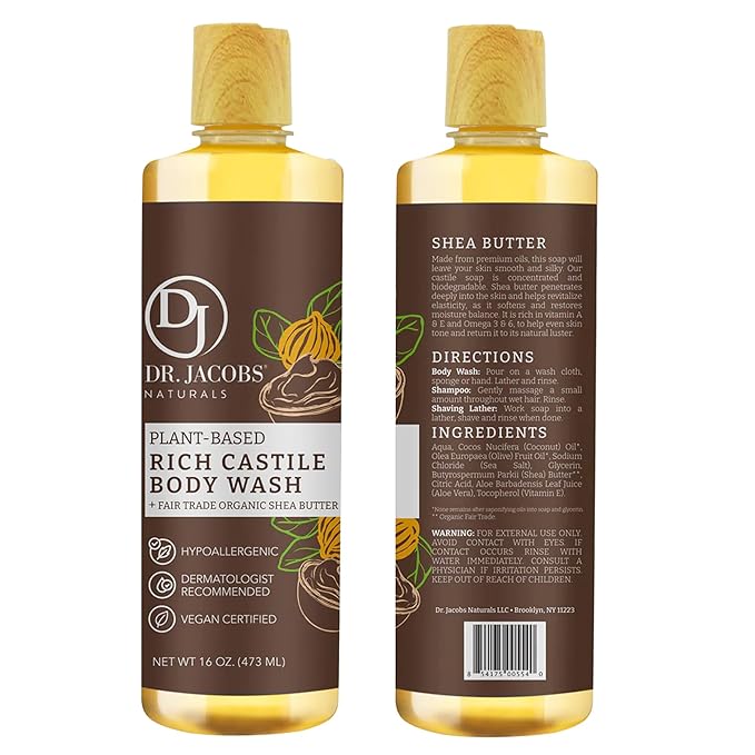 Dr. Jacobs Naturals Pure Castile Soap Liquid Body Wash, Sandalwood - Plant Based Soap Infused with Vitamin E and Aloe Vera to Moisturize Dry and Sensitive Skin - Made in The USA - 16 oz