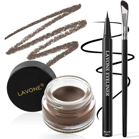 LAVONE Eyeliner Set - Waterproof Makeup Kit with Liquid Eye Liner Pencil, Gel Eyeliner and Angled Eye Liner Brush, Waterproof, Smudge Resistant, Long Lasting Formula - Light Brunette