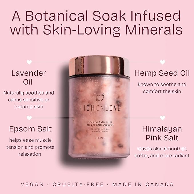 High On Love Bath Salts - Pink Himalayan & Epsom Salt Blend with Soothing Vitamin E & Premium Hemp Seed Oil - Real Dried Rose, Lavender and Rosemary Inclusions (Rosemary Lavender)