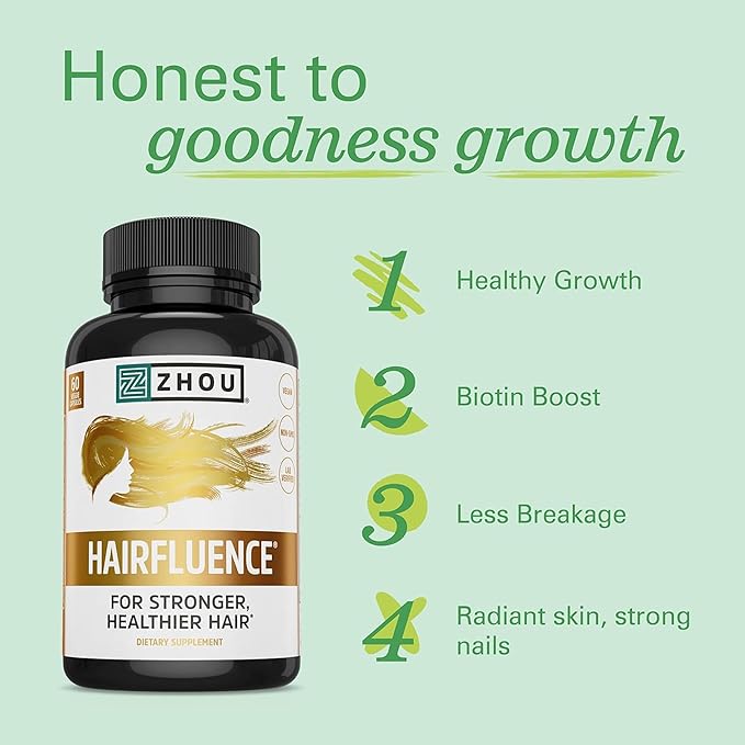 ZHOU Hairfluence, Hair Growth Supplement with Clinically Studied Lustriva and Keranat and Hair Vitamins Biotin 5000mcg, Vitamin D, A, C & B12, Non-GMO, Gluten Free, 60 VegCaps