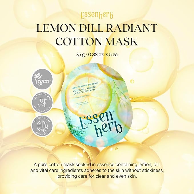 Tea Tree Relief Cotton Mask, Soothing & Hydrating, Vegan, Korean Skin Care Face Mask 23g*5sheets (Lemon Dill)