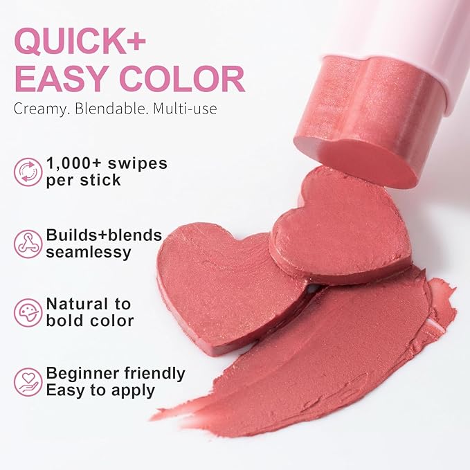 Cream Blush Stick, Heart-Shaped Cream-to-Powder Blush 0.25 oz – Soft-Focus Long-Lasting Cheek & Eye Color, Jojoba Oil & Shea Butter, Vegan & Cruelty-Free, Gift for Her, SPICY