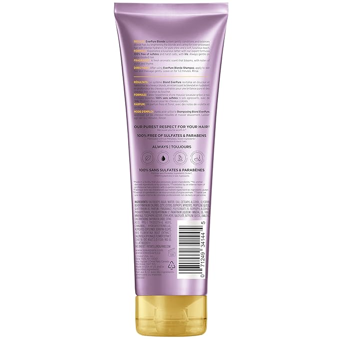 L'Oreal Paris Blonde Sulfate Free Shampoo for Color-Treated Hair,Neutralizes Brass + Balances,EverPure,8.5 Fl Oz (Packaging May Vary),(Pack of 6)