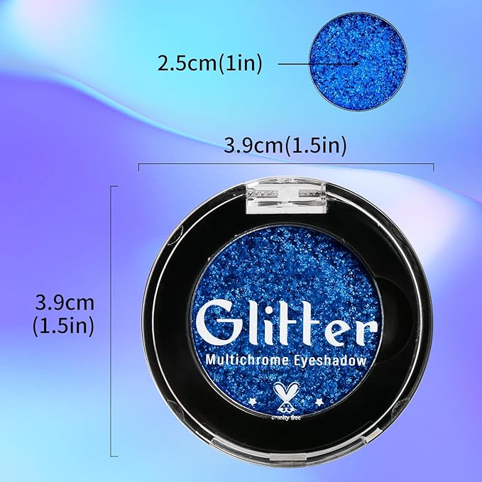 Blue Glitter Eyeshadow, Highly Pigmented Bright Sparkly Eye Makeup, Long Lasting Holographic Royal Blue Shimmer Chrome Eye Shadow Palette Single for Brown Eyes, Vegan Cruelty & Talc Free (Royal #6E)