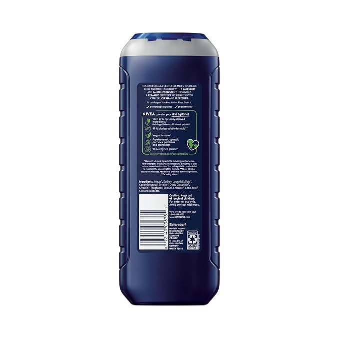 NIVEA MEN Relax Body Wash, Lavender and Sandalwood Scent, 3-in-1 Men's Body Wash, Face and Hair, Paraben Free, Vegan Formula, pH-Skin Friendly, 16.9 Fl Oz Bottle, Pack of 3