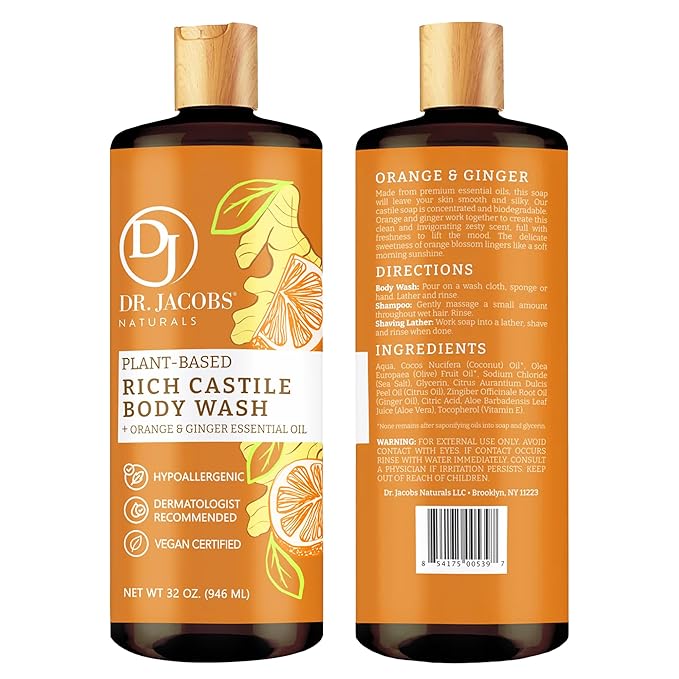 Dr. Jacobs Naturals Castile Orange and Ginger All-Natural Body Wash for Moisturizing Dry Skin with Plant-Based Ingredients with Pump - 32 Ounce