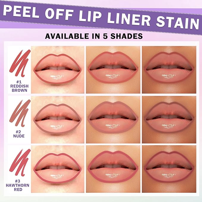 5 Colors Lip Stain Peel Off Lip Liner Stain, Matte Finish Peel Off Lip Stain Tint Long-Lasting Waterproof, Transfer-Proof, All-Day LipStain for Women, Vegan & Cruelty-Free