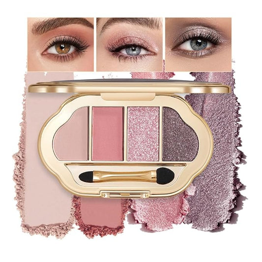 Eyeshadow Palette 4 Colors, Rose Nude Pink Brown Matte & Shimmer Shades, Highly Pigmented Blendable Long-Lasting Eye Shadow, Soft Silky No Fallout Daily Natural Glam Makeup, Makeup Gift for Women-B04