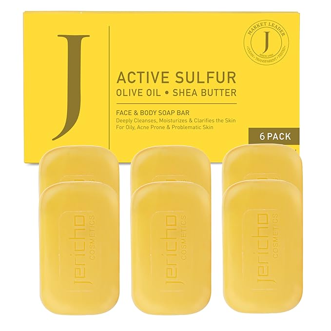 Jericho Dead Sea Sulfur Soap with Olive Oil – Helps with Acne, Psoriasis, Eczema & Blackheads – For Oily to Normal Skin – Vegan Face & Body Bar for Men & Women, 4.4 Oz / 125 g (Pack of 6)
