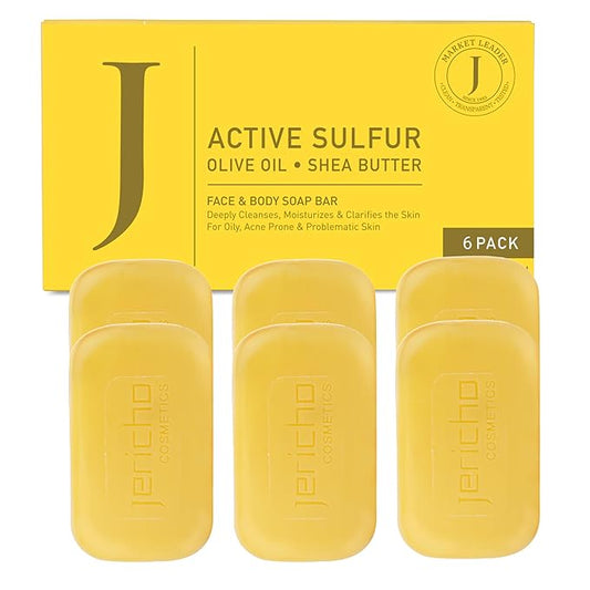 Jericho Dead Sea Sulfur Soap with Olive Oil – Helps with Acne, Psoriasis, Eczema & Blackheads – For Oily to Normal Skin – Vegan Face & Body Bar for Men & Women, 4.4 Oz / 125 g (Pack of 6)