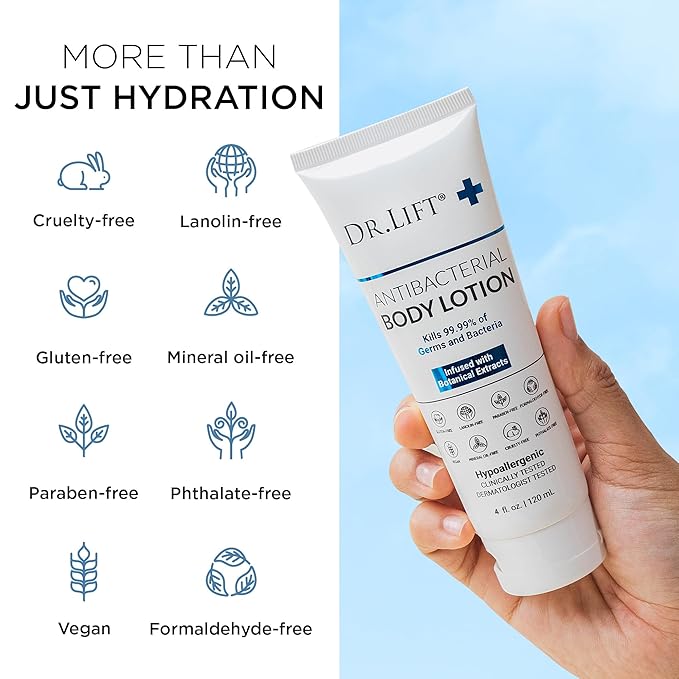 Antibacterial Body Lotion, Hypoallergenic Formula with Vitamin C & E, Calendula and Chamomile, Gentle on Skin, Non Greasy and Fast Absorbing, Vegan, Paraben Free, Mineral Oil Free, 4 Fl Oz