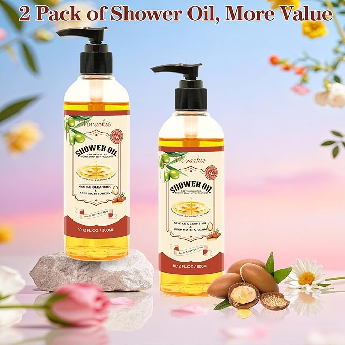 2 Pack Shower Oil with Organic Argan - Moisturizing Body Wash for Women, Natural & Vegan, for Sensitive Skin - Deep Hydration & Silky Smooth Feel (Sauvage Style)