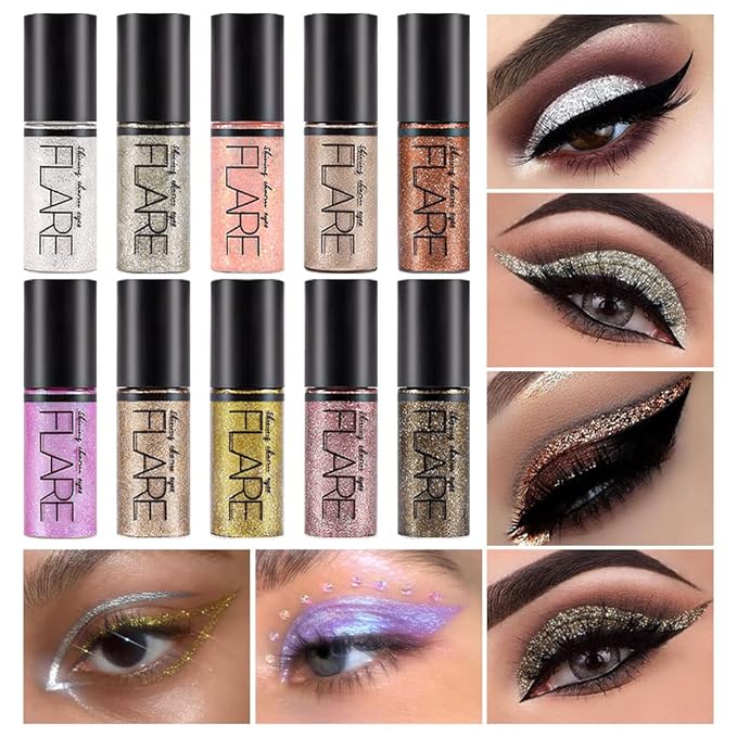 10Pcs Colorful Liquid Glitter Eyeshadow & Eyeliner Sticks Kit – Korean Shimmer Metallic Eye Makeup, Quick-Drying & Waterproof, Vegan & Cruelty-Free, Silver Brown Pink Gold Sparkle sombras de ojos