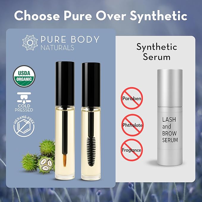 Pure Body Naturals Castor Oil for Eyelashes and Eyebrows - Nourishing Brow & Lash Growth Serum - Castor Oil Organic, Cold Pressed, Hexane Free - 2 Pre-Filled Applicators (10 ml each)