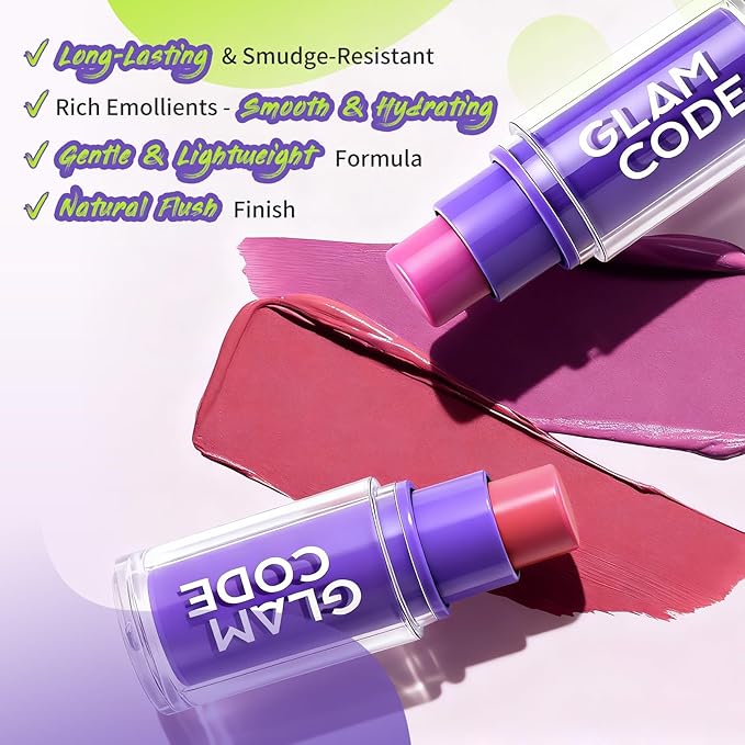 Glam Code Blush Makeup Stick - Makeup Lip + Cheek Stick for Eyes, Lips & Cheeks, Multi-Use Cream Blush Stick with Natural Flush, Hydrating & Long-lasting丨Vegan & Cruelty-Free - 01#