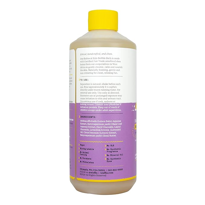 Alaffia Babies and Kids Bubble Bath, Gentle Bath Essentials for Delicate Skin, Plant-Based Formula That is Paraben & Sulfate-Free, Vegan, Calming with Long-Lasting Bubbles, Lemon Lavender 16 Fl Oz
