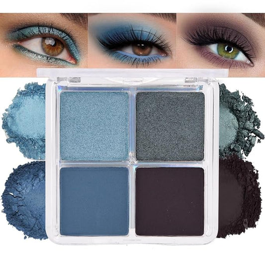 4 Colors Blue Gray Taupe Eye Shadow Powder Palette Makeup, Neutral Matte Shimmer Quad Eyeshadow Palette for Old Women Highly Pigmented Waterproof, paleta de sombras de ojos, Vegan, Cruelty-free