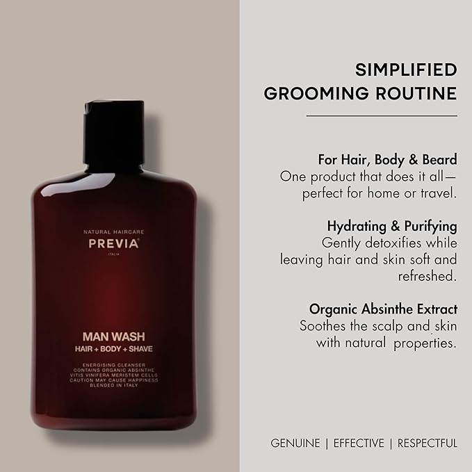 PREVIA Man Wash 3-in-1 Cleanser Hair Shampoo Anti Dandruff Body Wash & Shaving Conditioner Vegan Formula with Organic Absinthe Extract for All Hair Types 8.45 oz