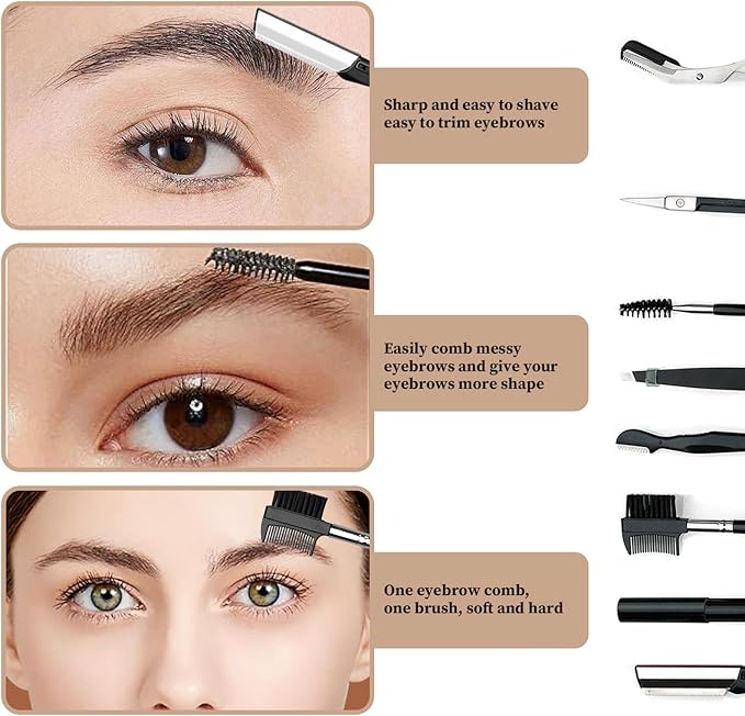 8PCS/SET Professional Eyebrow Shaping Grooming Kit - Beauty Tools Set with Leather Bag Eyebrow Grooming Kit for Women & Men, Eyebrow Trimming Kit With Razor Eyebrow Scissors and Brush with Comb Khaki